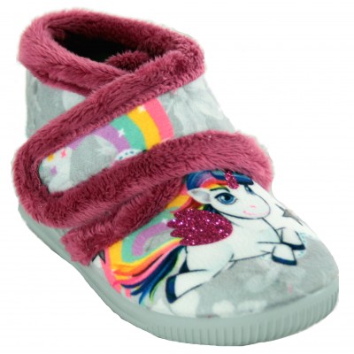 Vulcabicha 1090 - Gray Velcro Closed Children's House Slippers with Unicorn and Glitter Drawing