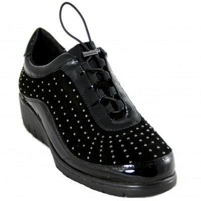 Doctor Cutillas 60318 - Women's Leather Shoes with Silver Studs and Elastic Laces in Black and Burgundy
