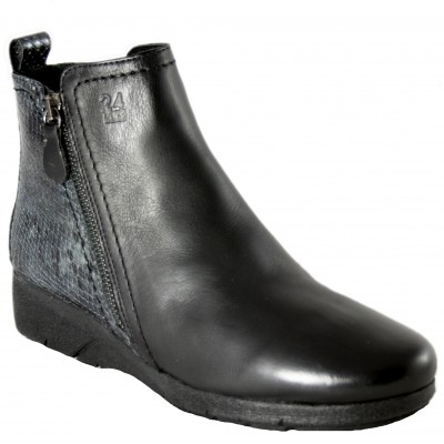 24 Hours 24731 - Ankle boots in smooth black leather and engraved snakeskin with very light zipper