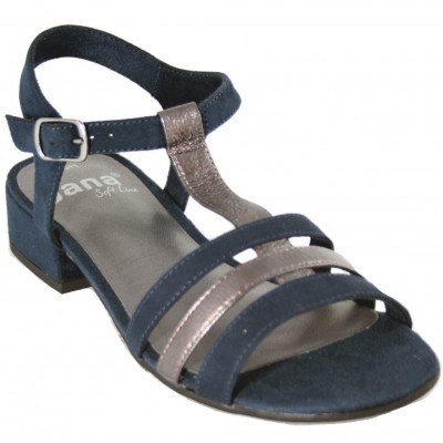 Jana 28261 - Navy Blue Leather Sandals With Small Wide Heel