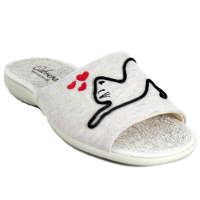 Cabrera 4360 - Light Gray Cotton And Terry House Slippers With Cat And Hearts