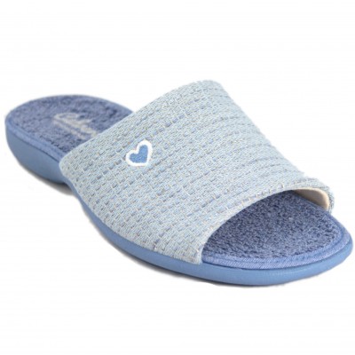 Cabrera 4351 - Light Blue Cotton And Terry Slippers With Stripes And Heart