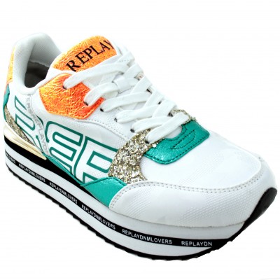 Replay RS3D - White Sneakers Or Details In Green, Fluorine Orange And Gold With Laces