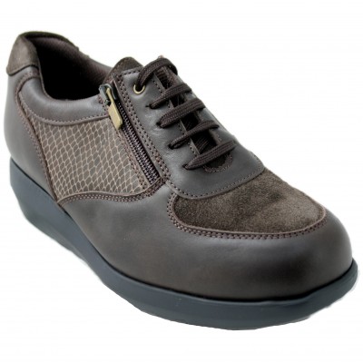 Pinosos 7777 - Brown And Black Leather Shoes With Laces And Special Zipper Diabetic Feet And Removable Insole