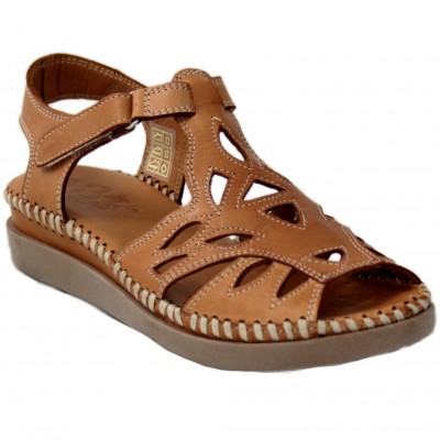 48 Horas 214105 - Women's Brown Leather Sandal With Holes And Velcro