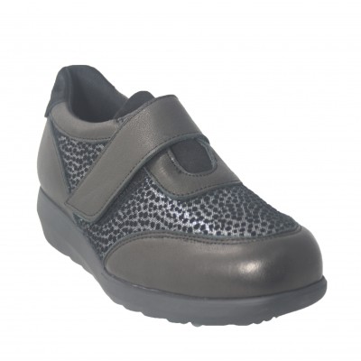 Pinoso 7919 - Zapatos Ancho Especial Pies Diabéticos Negros Con Adhesivo Textil Y Detalles Plateados