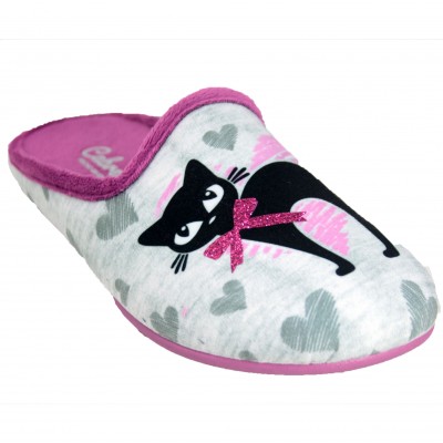 Cabrera 3115 - Women's Home Slippers With Cat And Purple Fuchsia Bow