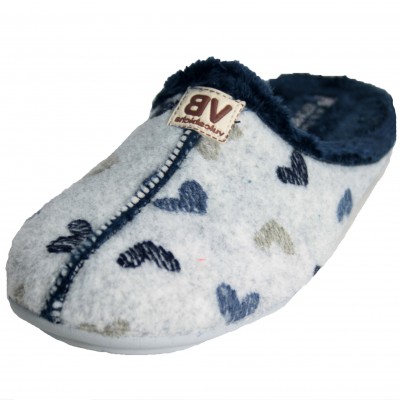 Vulcabicha 4312 - Light Gray Slippers With Navy Blue Background And Little Hearts