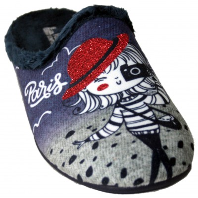 Vucabicha 1362 Paris - Zapatillas De Estar Por Casa Mujer En Paris Blau Marí Con Sombrero Rojo