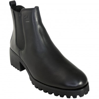 24 Horas 25433 - Very Light Black Leather Ankle Boots With Side Laces Low Heel And Zipper