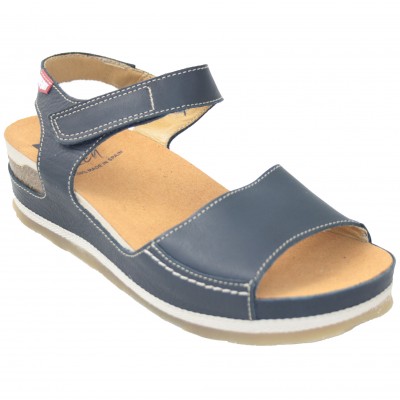 On Foot 203 - Navy Blue Leather Low Sandals With Textile Adhesive Very Comfortable