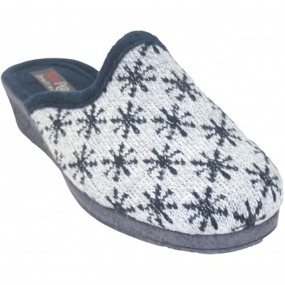 KonPas 23037 - Zapatillas Para Mujer Invierno Con Cuña Grises Con Copitos De Nieve Azul Marino