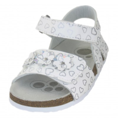 Chicco Funky - White Leather Sandals With Hearts And Flowers Two Adhesivo Textil Adjustments