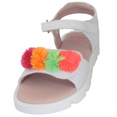 Garvalin 232337 - White Leather Sandals With Colored Pom Poms Velcro Adjustment