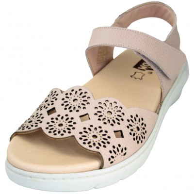 Bona Moda 98127 - Pink Leather Sandals For Removable Insoles Floral Perforations And Textile Adhesive Closure