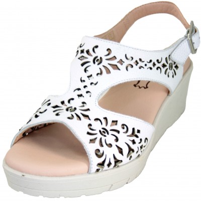Bona Moda 98154 - White Leather Sandals With Floral Perforations Half Wedge Buckle Closure