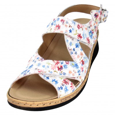Belvida 31007K - White Removable Insole Wide Leather Sandals With Colorful Flowers Velcro And Buckle Closures