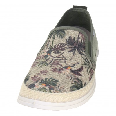 Muro 529 - Moccasin in Khaki Fabric With Tropical Motifs Palms Parrot