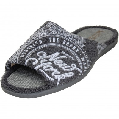 Vulcabicha 4436 - Men's Summer Slippers in Dark Gray Terry Cloth Open at the Front with New York Letters