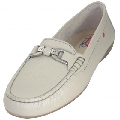 Fluchos F0804 - Classic Navy Blue or Light Beige Leather Moccasin With Metallic Detail Removable Insole