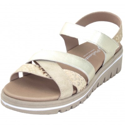 PieSanto 230784 - Elegant Leather Sandals For Removable Insole White With Earth And Gold Tones Velcro Adjustment