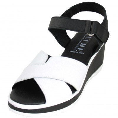 Puche 7017 - White and Black Leather Sandals With Black Sole Mid High Wedge Velcro Closure