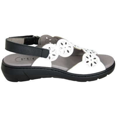 Puche 7003 - White Leather Sandals With Removable Insole With Black Velcro