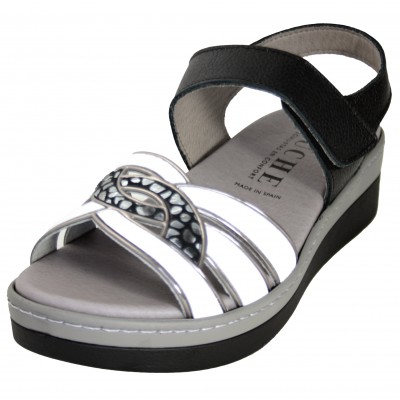 Puche 7015 - White And Black Leather Sandals With Front Platform And Small Wedge Removable Velcro Insole