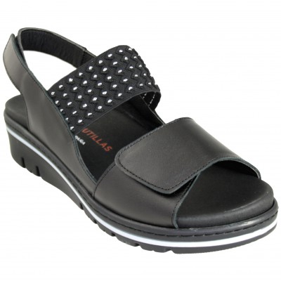 Doctor Cutillas 36136 - Black Leather Sandals With Removable Elastic Insole And Metal Velcro Front Details