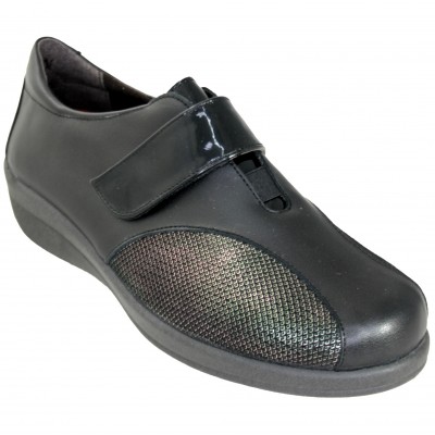 Doctor Cutillas 43514 - Black Leather And Lycra Wide Shoes With Special Velcro Bunion Removable Insole