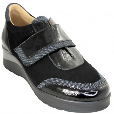 Pie Santo 235752 - Women's Casual Shoes Wide Special Black Removable Insole With Velcro And Patent Leather
