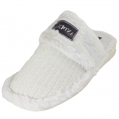 Andinas 415 - Women's Furry White Slippers With Knit Detail