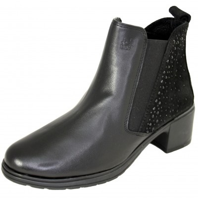 24HRS 25819 - Black Leather Ankle Boots With Zipper And Side Rubber Black Glitter Detail