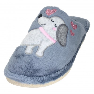 Cabrera 2415 - Special Blue Parquet Girl Slippers With Gray Dog In Love