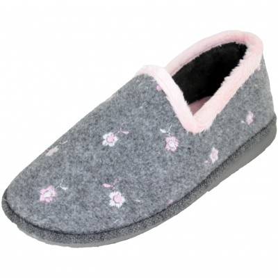 Gomus 6900 - Women's Girl's Indoor Slippers Special Gray Parquet With Pink Flowers