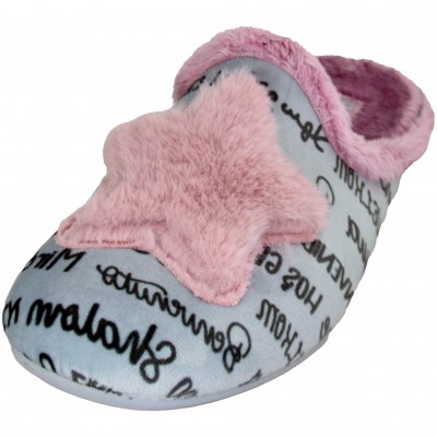VulcaBicha 4358 - Women's Girl's House Slippers Letters With Star Embossed Pink Hairy Removable Insole