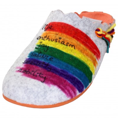 Marpen Slippers 402IV23 - Gender Neutral House Slippers Gray Background With Rainbow Feminist Liberal LGTBI
