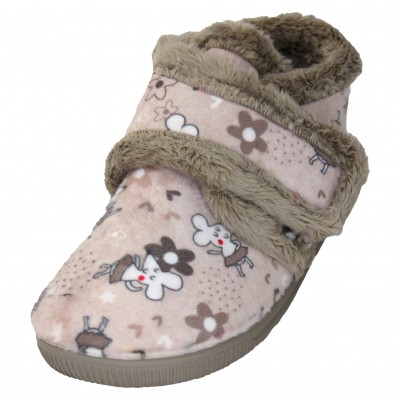 Vulcabicha 095 - Home Slippers Children's Textile Adhesive Booties Mice With Hearts Flowers In Brown Tones