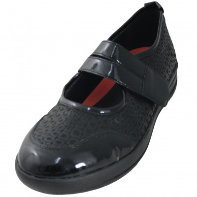 Doctor Cutillas 50730 - Merceditas Zapatos Para Mujer Anchos Negros De Licra Con Velcro Charol Y Plantilla Extraible