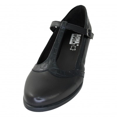 Buena Moda 99130 - Zapatos Merceditas De Piel Lisa Negros Con Hebilla Lateral Cuña Media