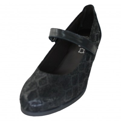 Bona Moda 99132 - Black Engraved Leather Merceditas Shoes Medium Wedge Velcro Closure