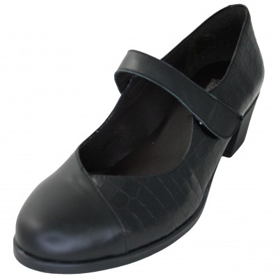 Buena Moda 99135 - Zapatos Merceditas De Piel Lisa Negros Cuña Media Cierre Velcro