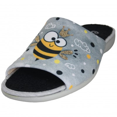 Cabrera 4446 - Women's Flat Open Toe Slippers Made Of Cotton With Queen Of The House Bee