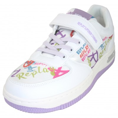 Replay JZ430005T - Zapatos Deportivos Infantiles Blanca Con Dibujos Divertidos Adhesivo Textil