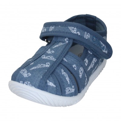 Chicco Tullio 3 - Children Closed Sandal Made Of Jeans Blue With Cars Drawings And Adjustable Velcro