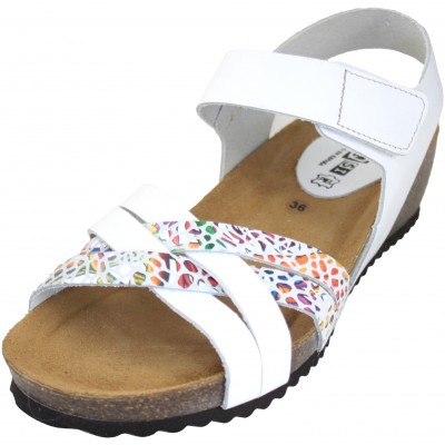 XQSI 152 - Women's White and Brown Printed Leather Sandals Velcro Closure with Medium Wedge Breathable Insole