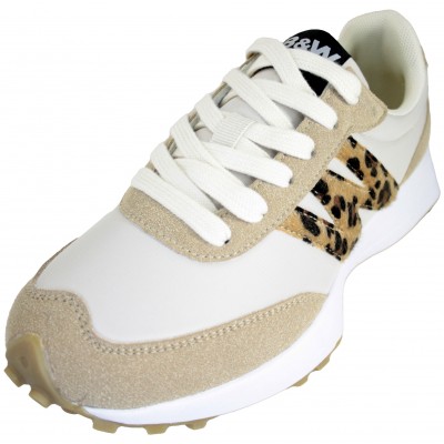 B&W 33304 - Women's Sneakers Laces Beige Tones Leopard Side Detail Resistant Sole Removable Insole
