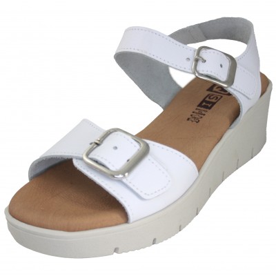 XQSI 231 - Women's White Leather Sandals Buckle Closure Medium Wedge Soft Insole