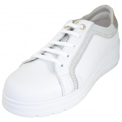 Fluchos F1997 - Zapatos Mujer Piel Blanco Detalles Brillantes Cuña Pequeña Cierre Cordones Ligera Plantilla Extraible
