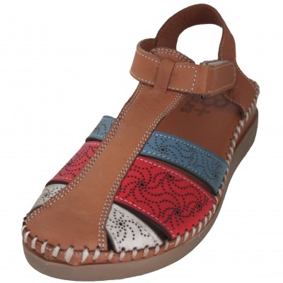 48 Horas 414106 - Women's Tricolor Leather Sandals With Small Wedge Velcro Closure Soft Insole